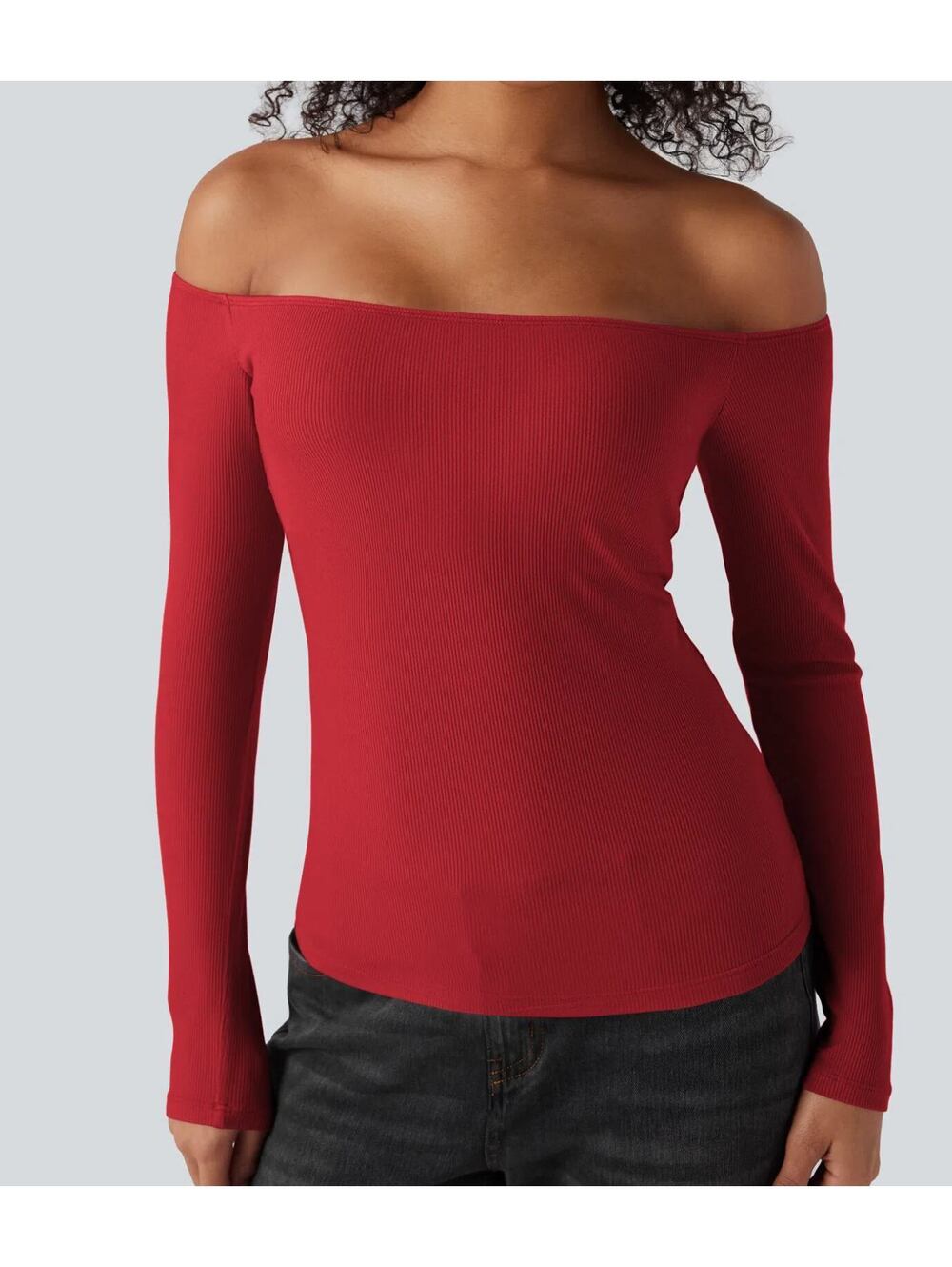 Halara Ribbed Knit Off Shoulder Long Sleeve 2-in-1 Casual Top Red Size Large - Picture 8 of 10